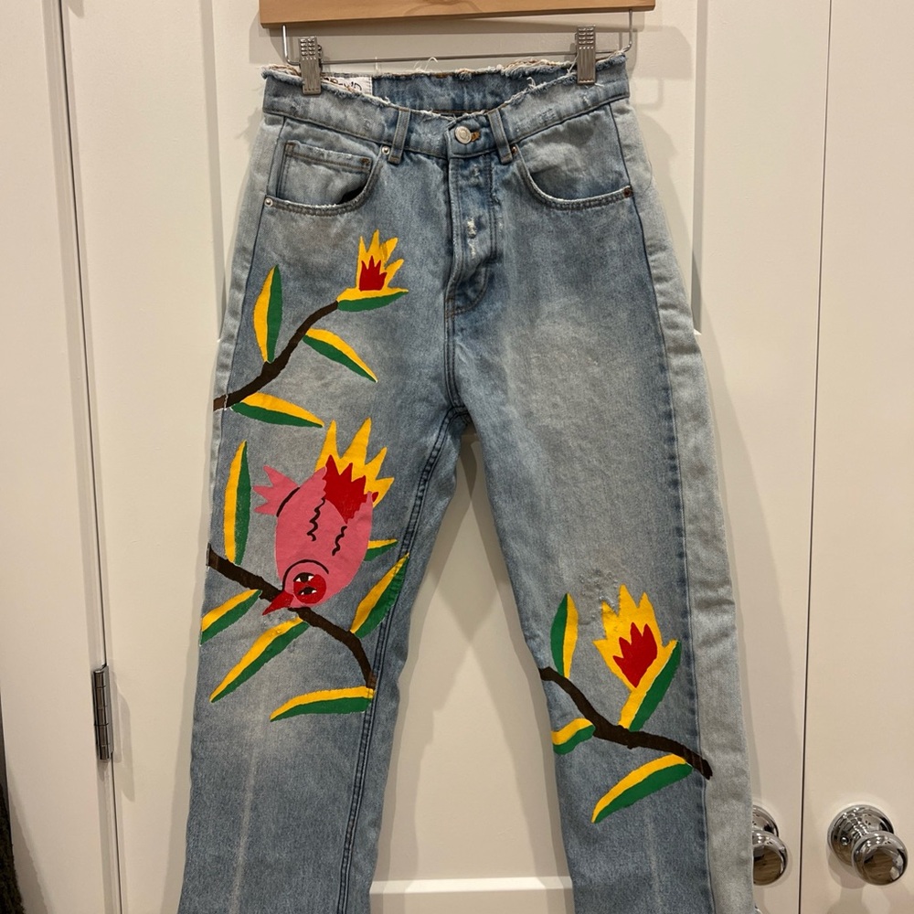 Zara IX’D Flower Painted Denim Jeans Size 00